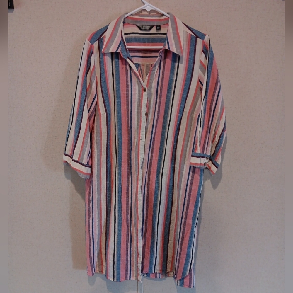 Mlle Gabrielle Womens 1X Stripes Button-Down Shirt Dress Roll-Up Sleeves